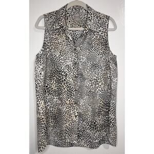 Chico’s Top Linen Size 12 14 Petite Leopard Print Button Up
